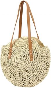 YXQSED Round Woven Bag - Summer Beach Bags Straw Handwoven Singleshoulder with Zipper,Leather Handles Large