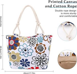 Beach Tote Bag Coikes Floral Canvas Tote Bags for Women with Zip Large Capacity