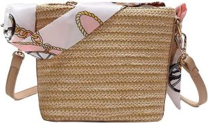 ONEGenug Woven Straw Ladies Bag, Vintage Scarf Handbag Beach Shoulder Bag for Women Holiday Vaction